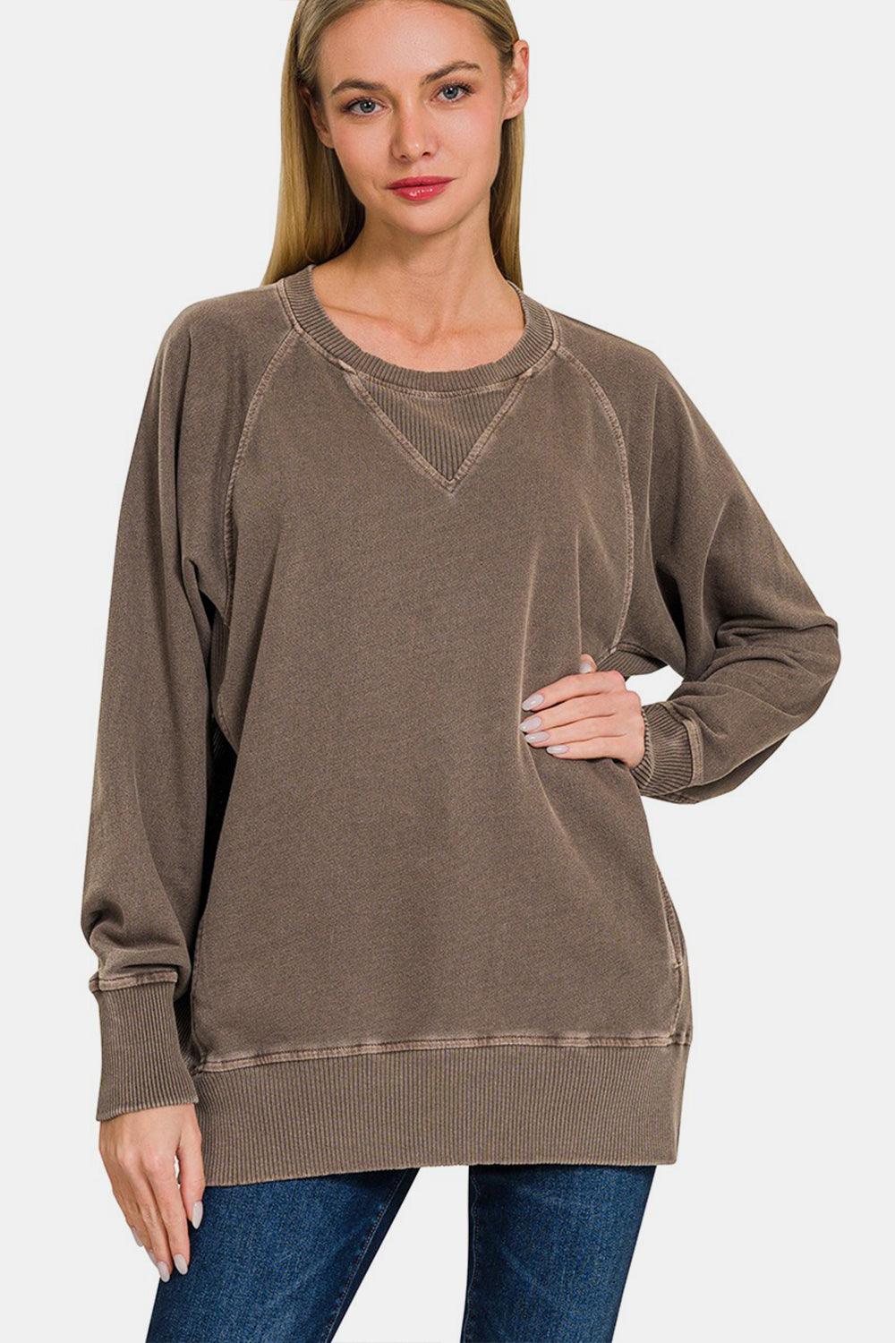 Zenana Round Neck Long Sleeve Sweatshirt Brown