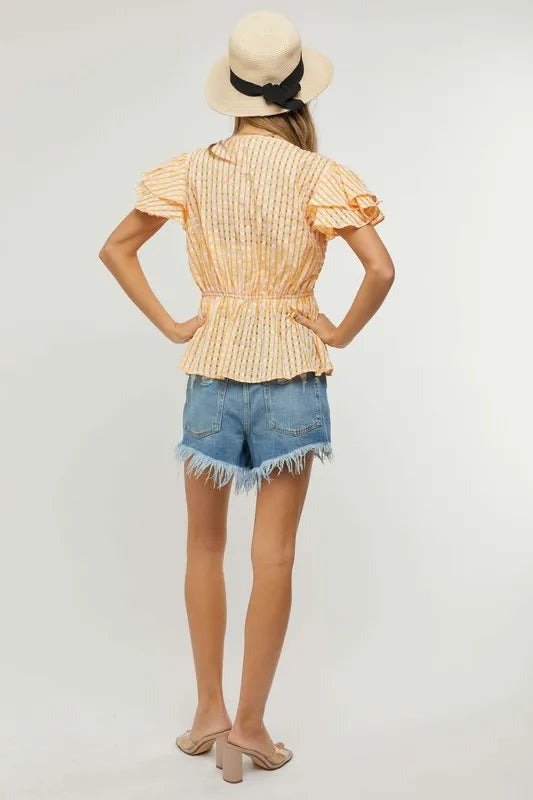 Davi & Dani Shirring V-Neck Ruffle Gingham Plaid Printed Top