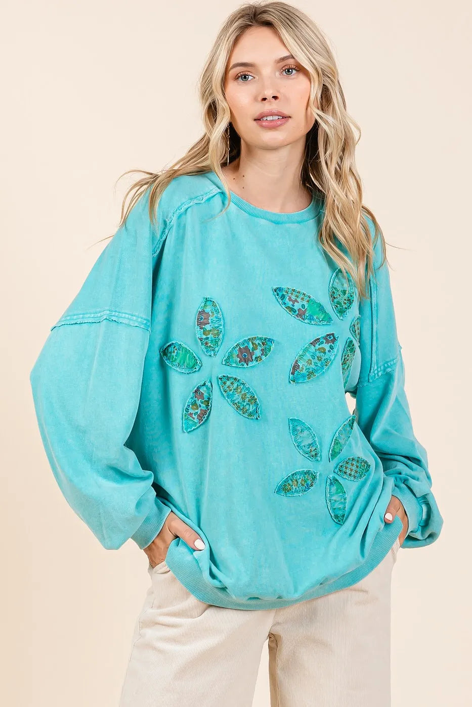 Mittoshop Vintage Textile Flower Patch Mineral Wash Pullover Sweatshirt SEAFOAM