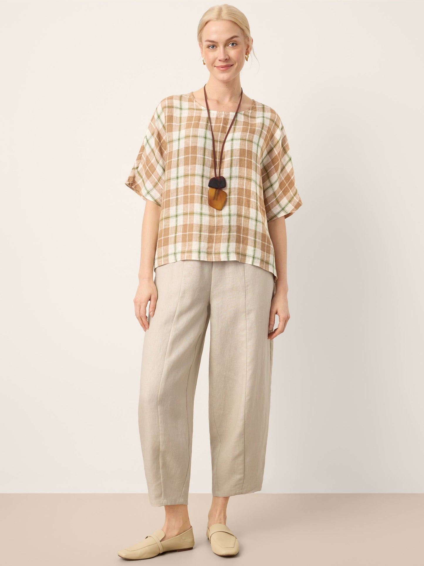 100% Linen Plaid Drop Shoulder Side Slit Top LORNA