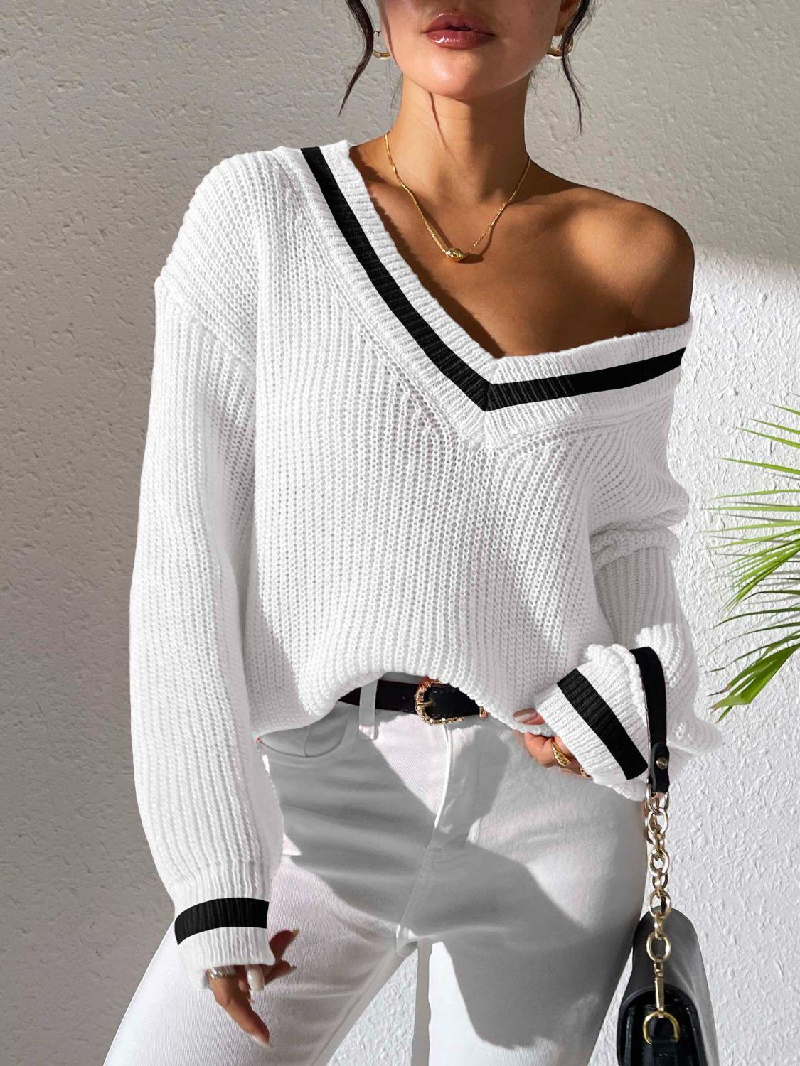 Contrast Trim V-Neck Long Sleeve Sweater White
