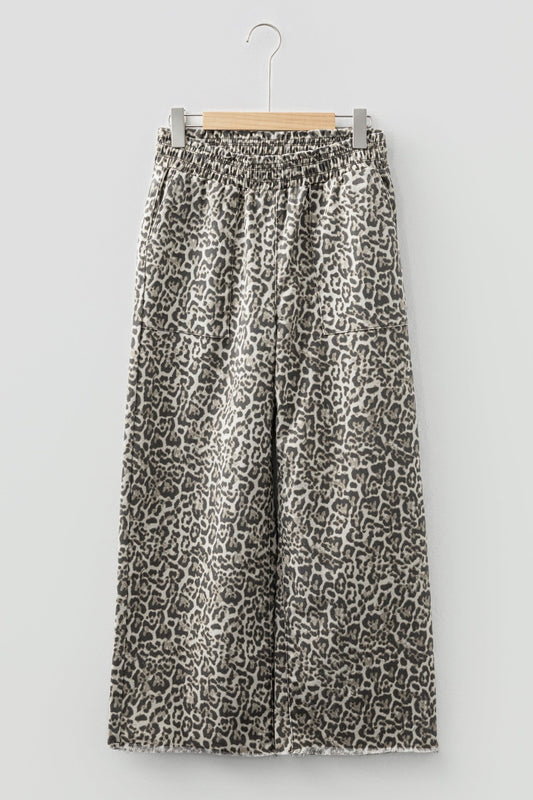 Leopard Denim Raw Hem Elastic Waist Loose Jeans