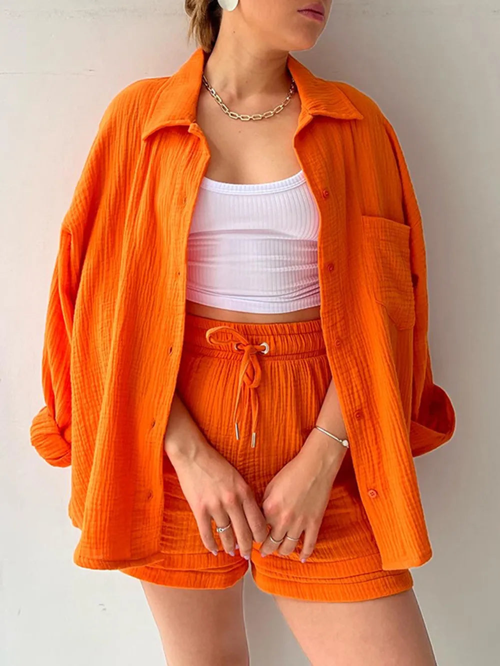 Texture Button Up Shirt and Drawstring Shorts Set Orange