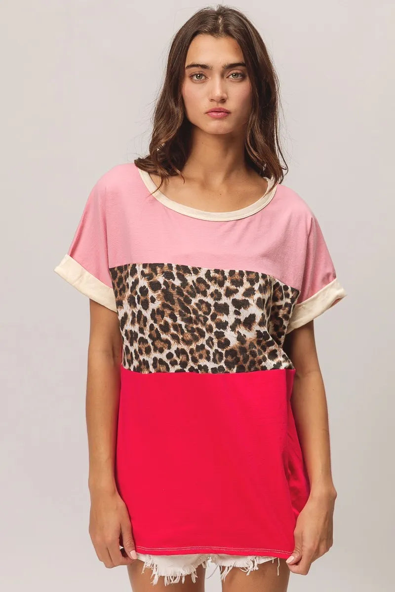 BiBi Leopard Printed Jersey Color Block Roll Up