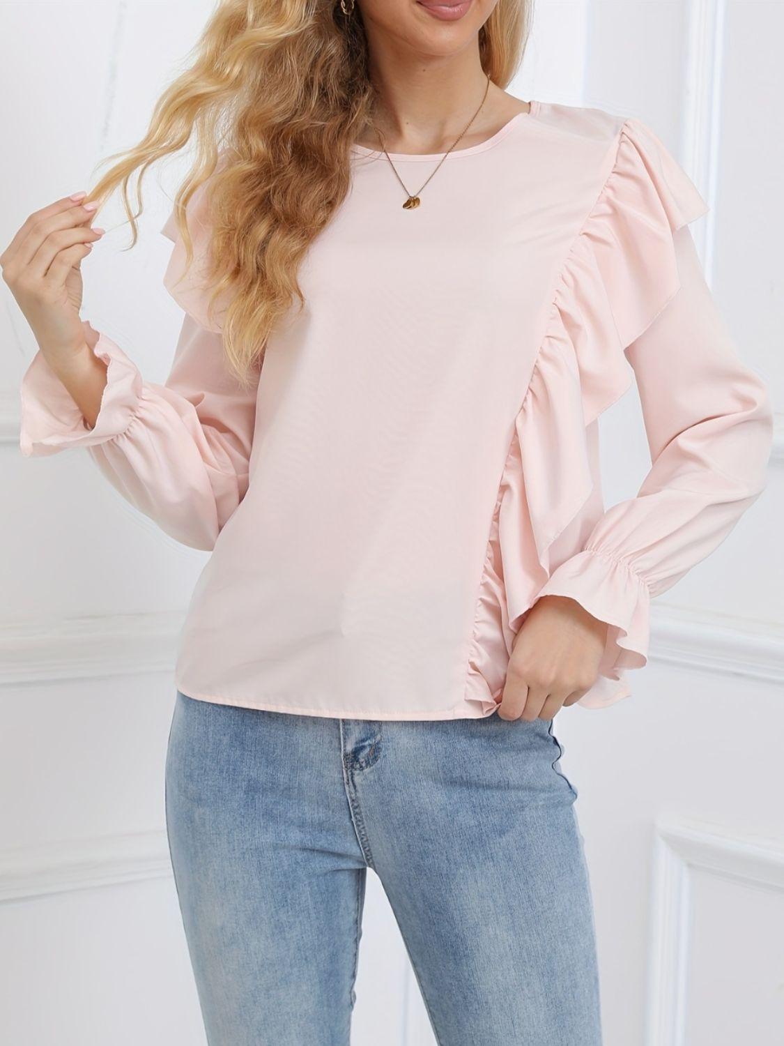 Ruffled Round Neck Long Sleeve Blouse Blush Pink