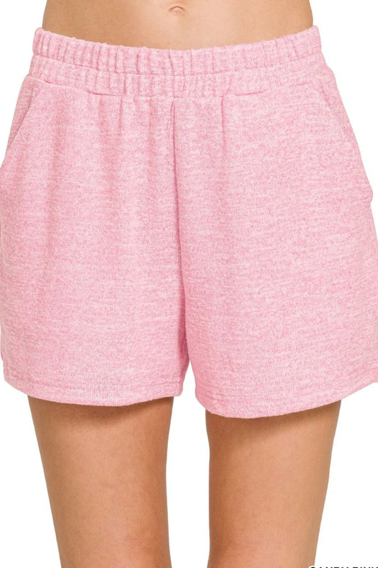 Zenana Soft Melange Hacci Elastic Waist Band Shorts CANDY PINK