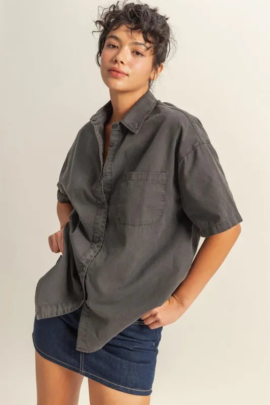 HYFVE Short Sleeve Button Down Oversized Shirt BLACK