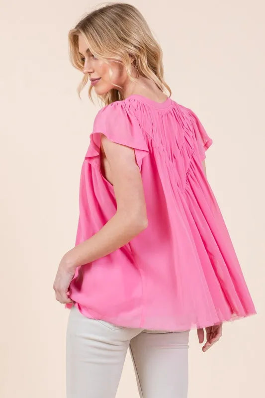 Lime 'N' Chili Solid Shirred Flutter Sleeve Chiffon Blouse