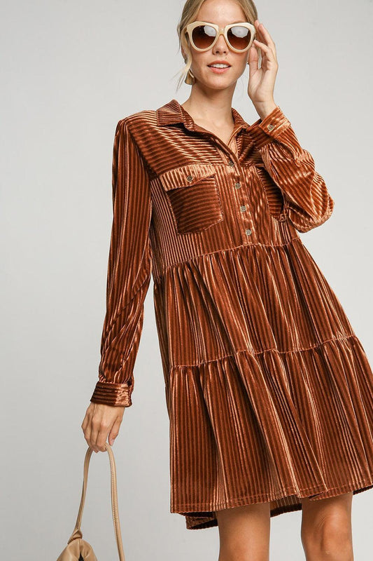 Umgee Texture Tiered Collared Long Sleeve Dress Copper