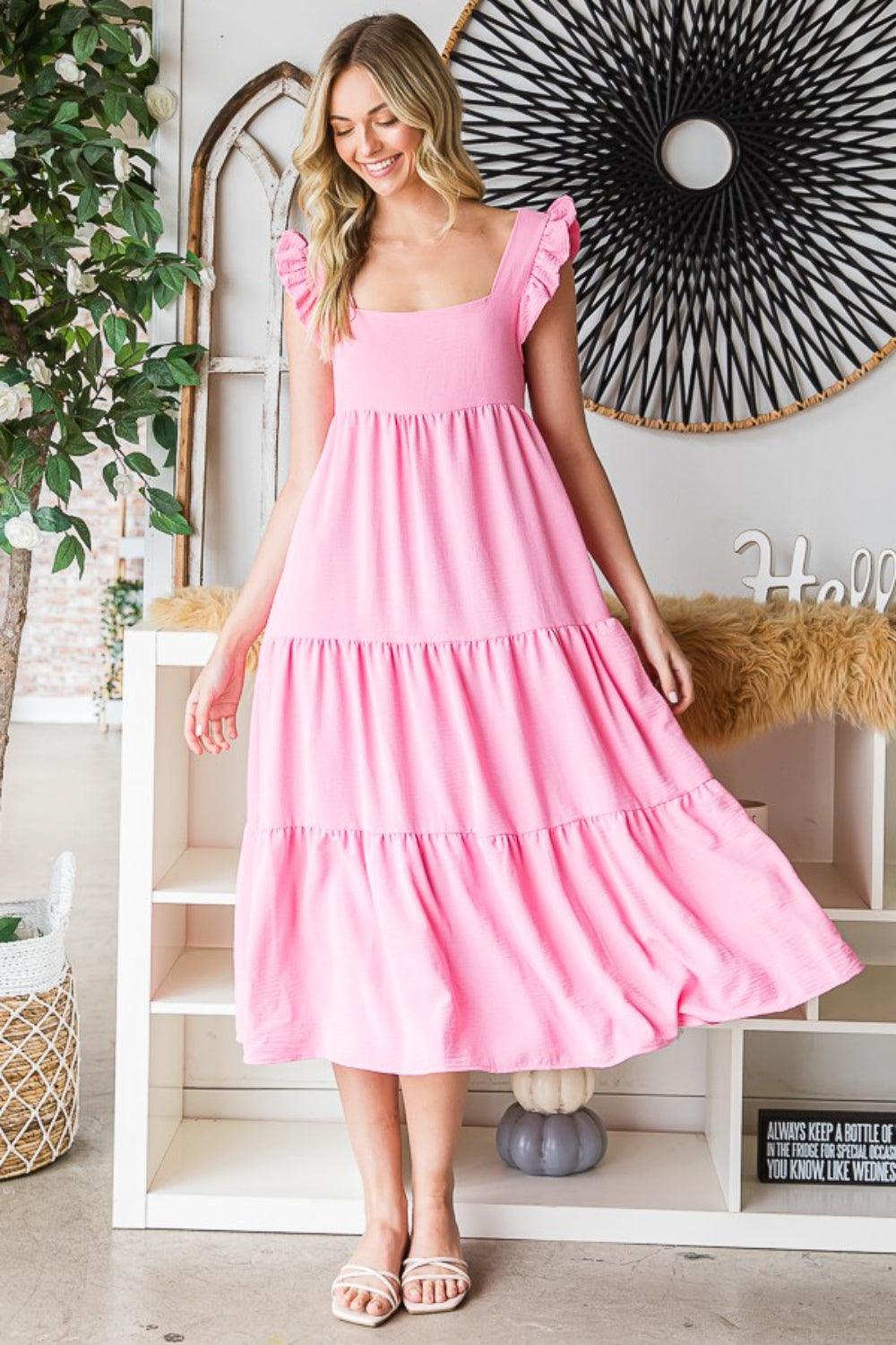 Reborn J Ruffled Sleeveless Tiered Midi Dress Bubble Pink