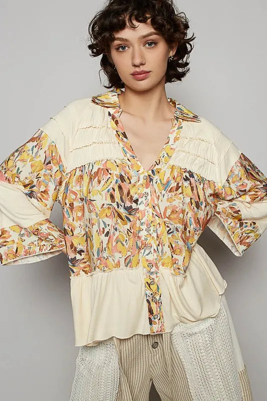 POL Frill Floral Johnny Collar Shirring Raglan Sleeve Shirt