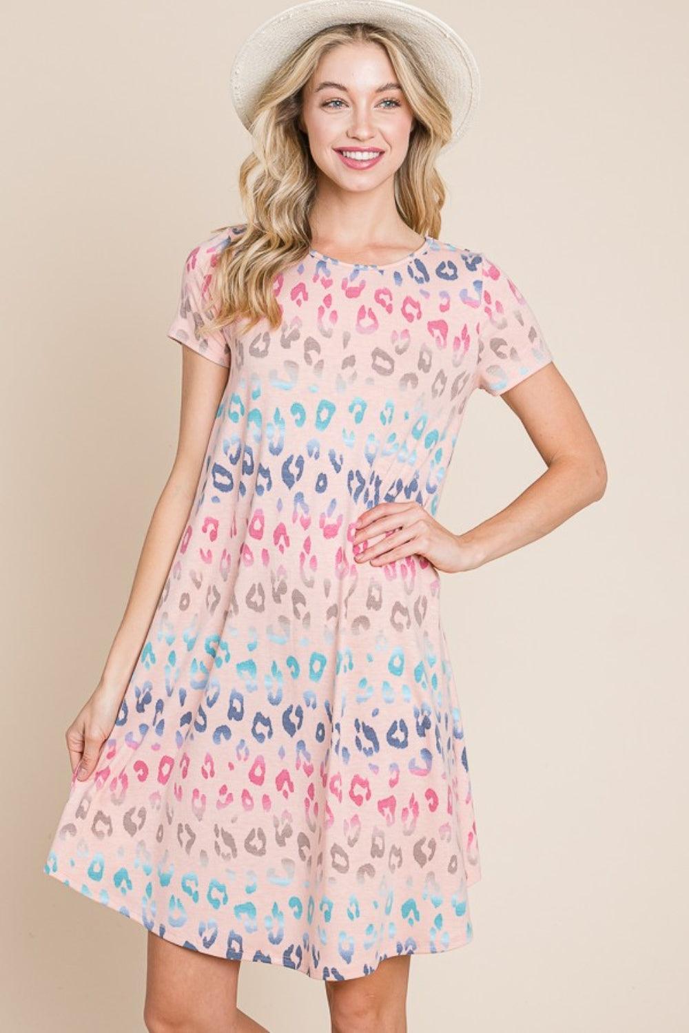 BOMBOM Leopard Round Neck Short Sleeve Dress Blush