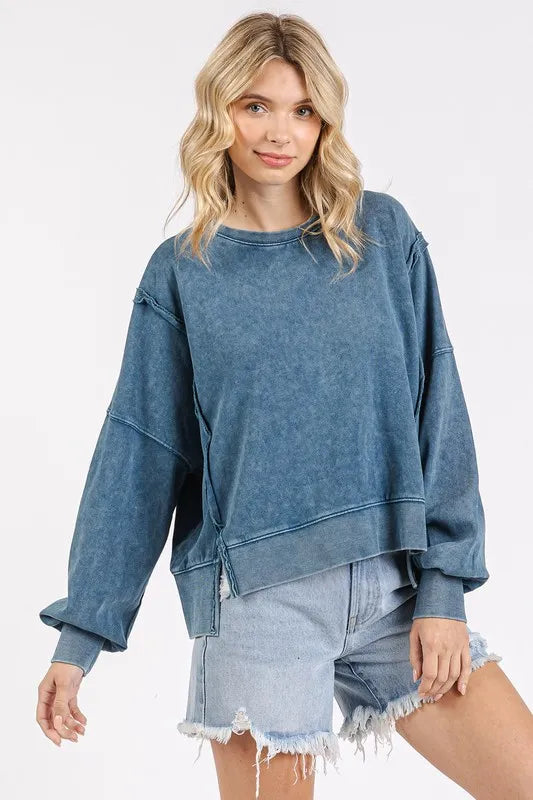 Mittoshop Side Slit Exposed Seam Round Neck Sweatshirt