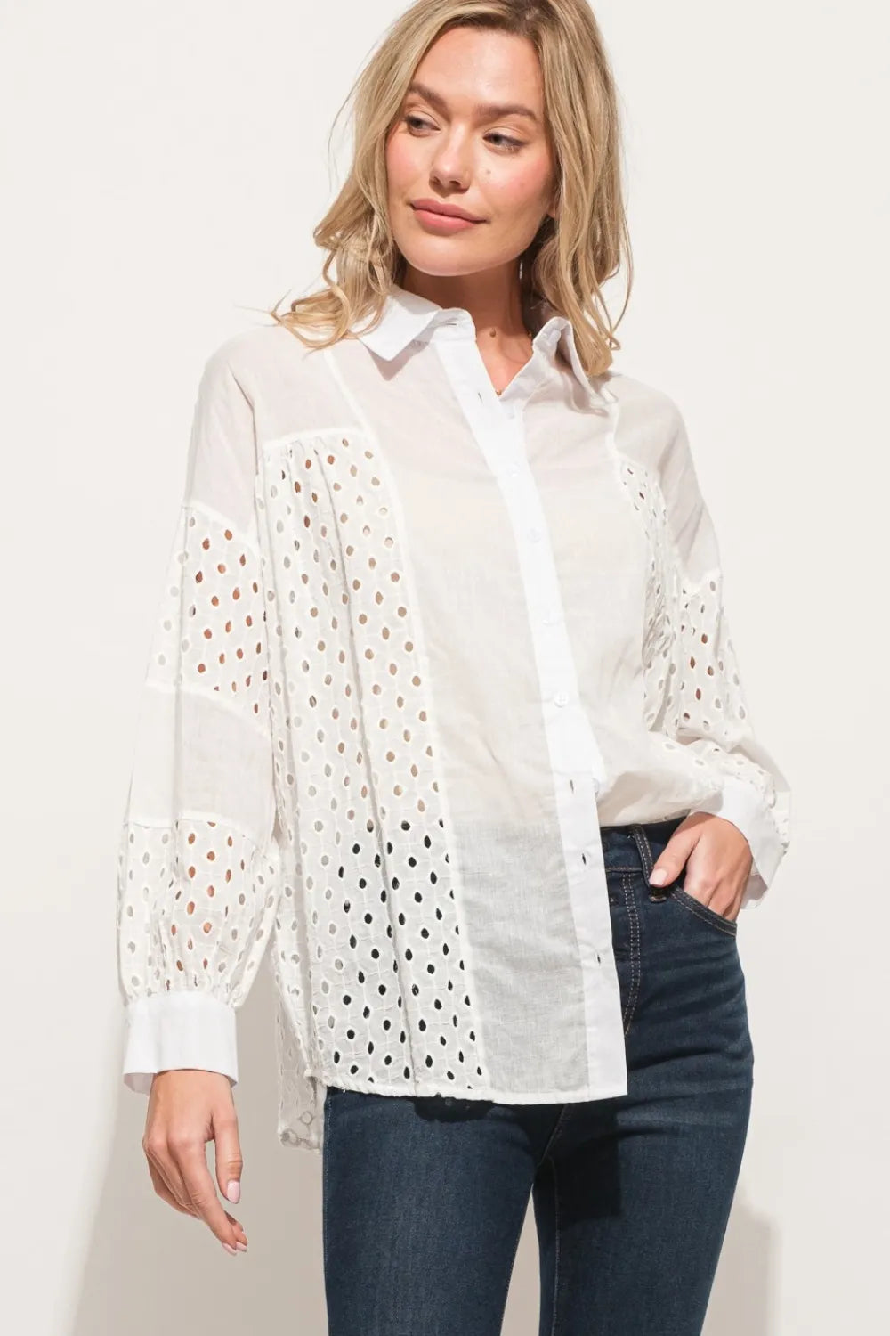 And The Why Eyelet Long Sleeve Button Down Shirt WHITE