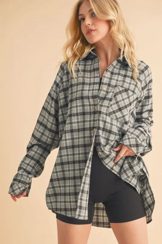 Aemi + Co Plaid Button Up Flannel Shirt with Chest Pocket