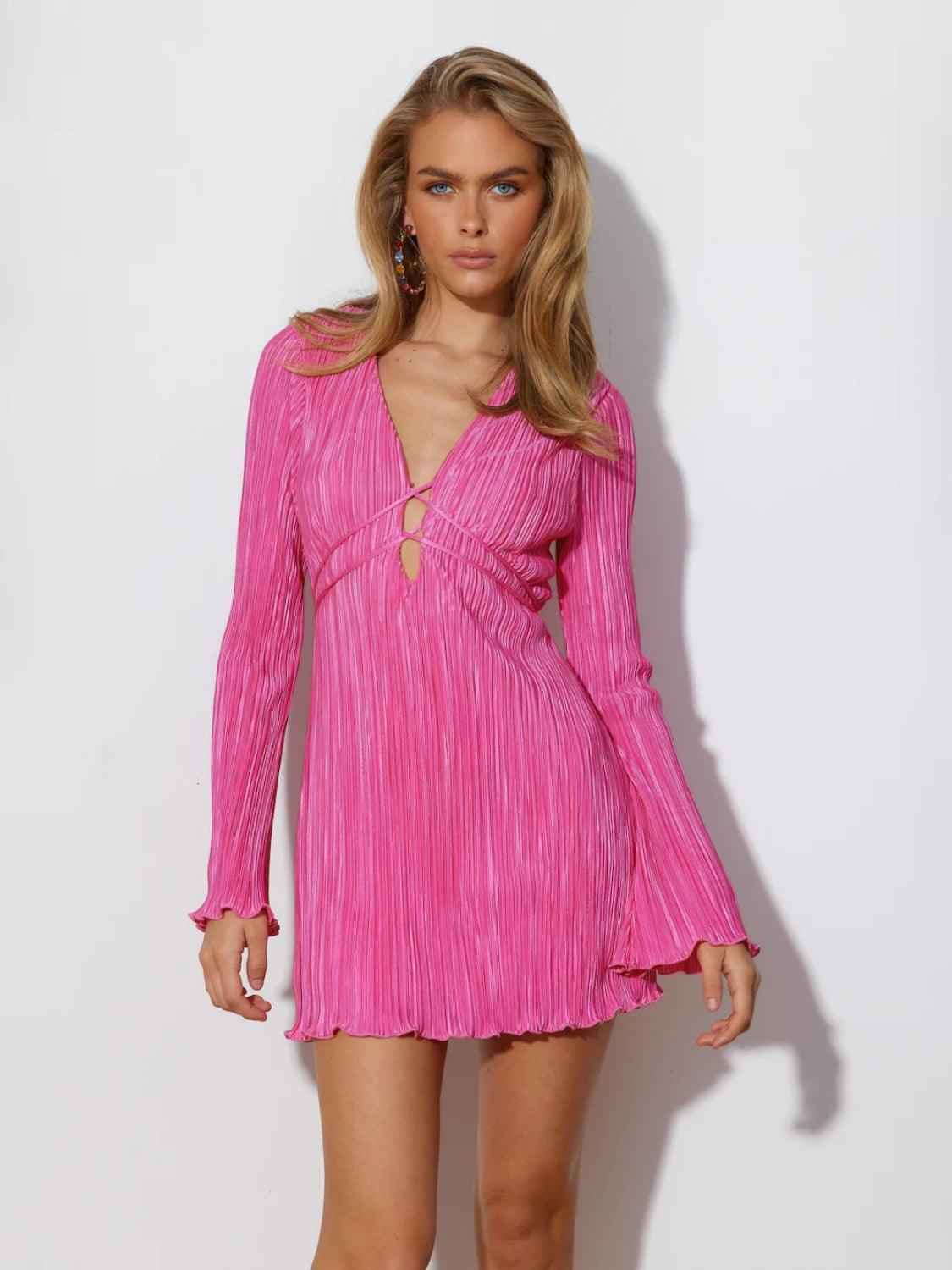 Tied Plunge Flare Sleeve Mini Dress Deep Rose
