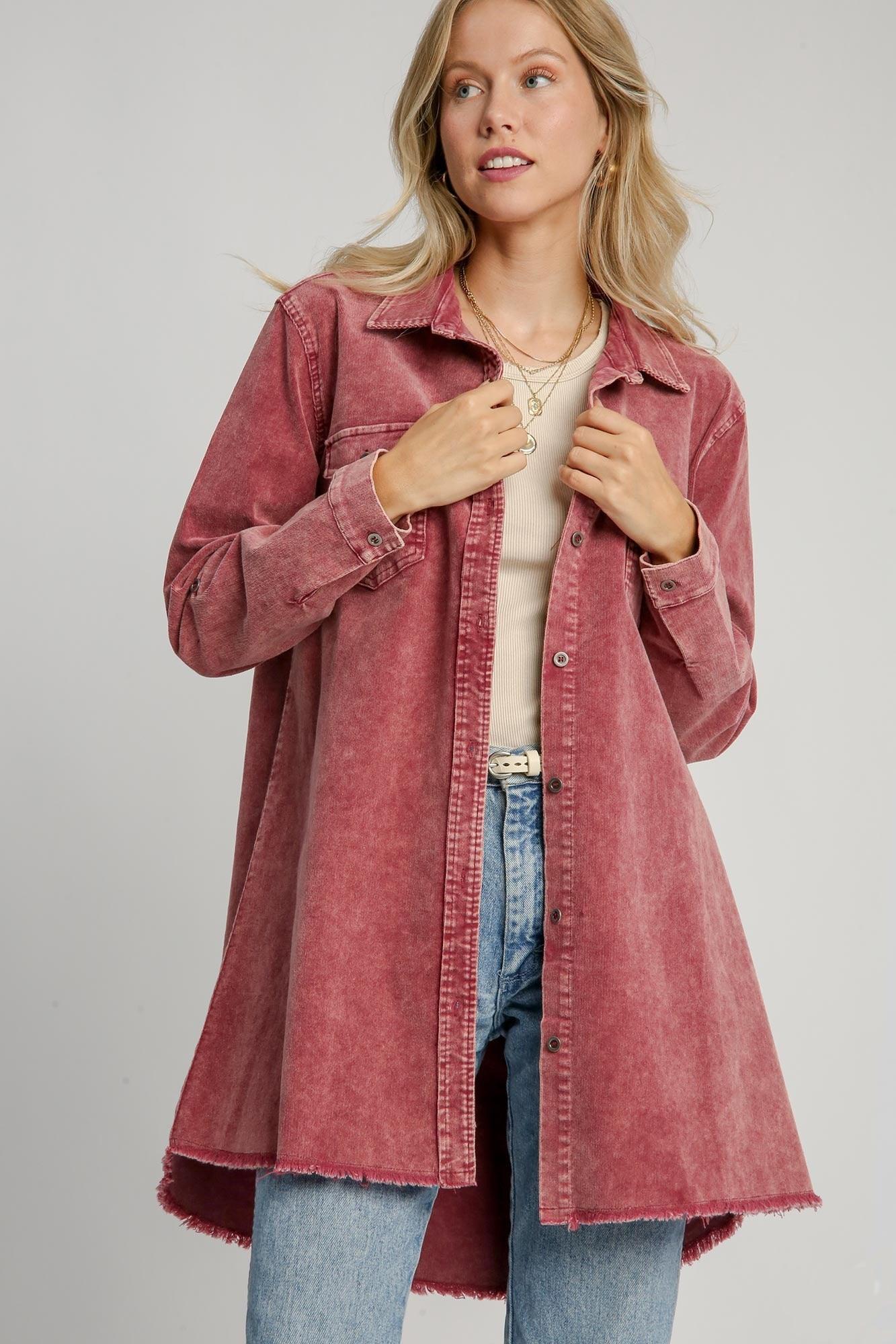 Umgee Raw Hem Button Down Denim Jacket with Chest Pockets Wine