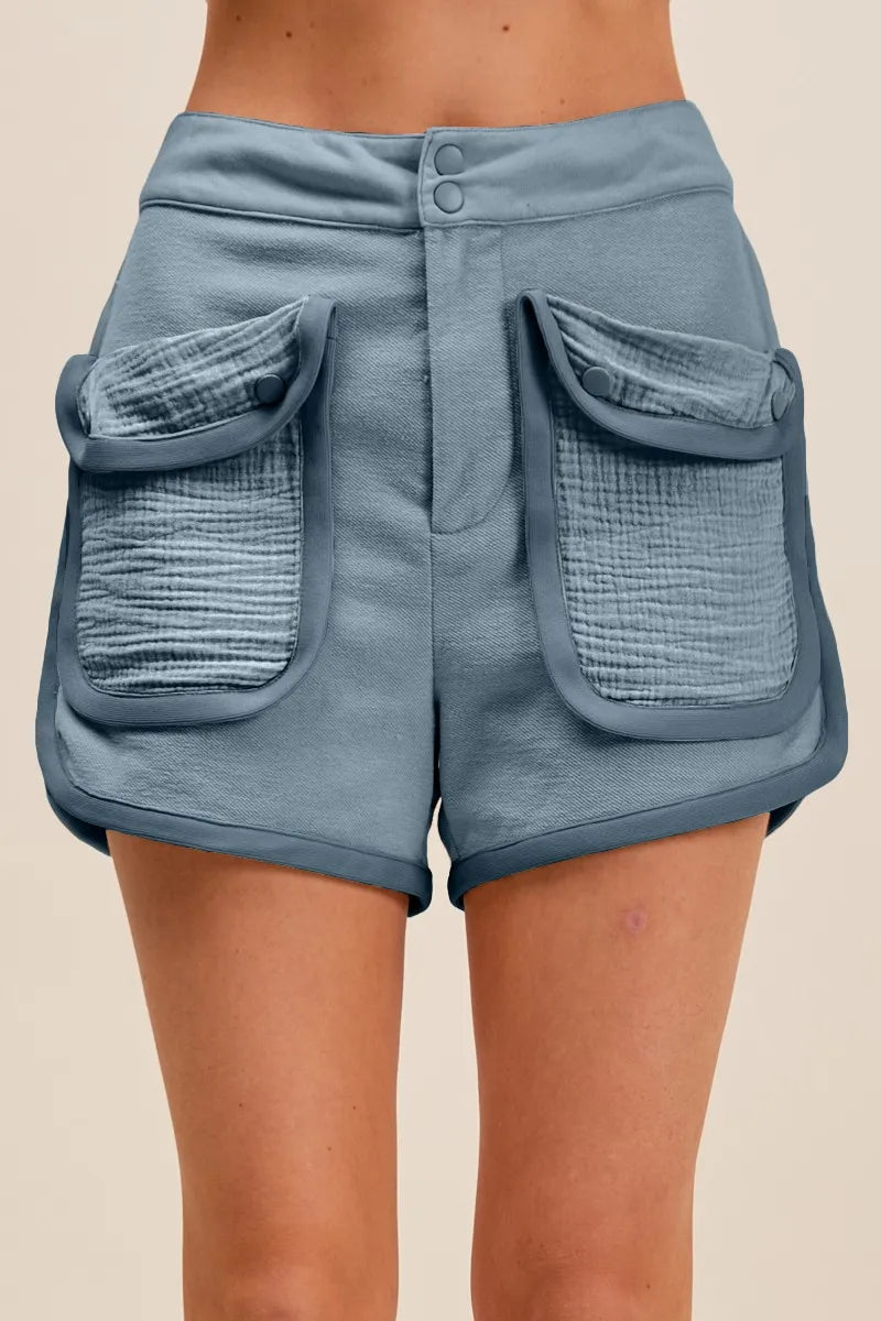 SO ME Mineral Washed Terry High Rise Cargo Shorts DENIM BLUE