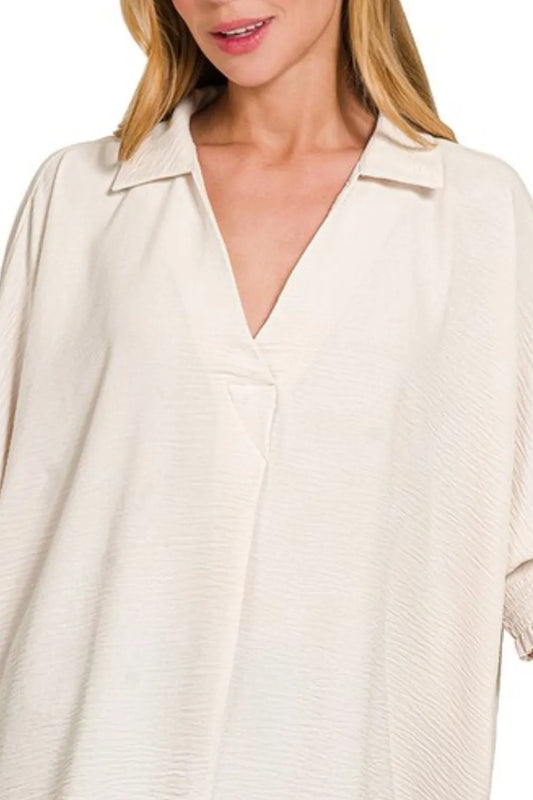 Zenana Airflow Collar Tee with Smocked Sleeve Band Top