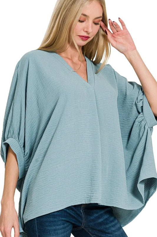 Zenana Woven Airflow V-neck Puff Half Sleeve Top BLUE GREY