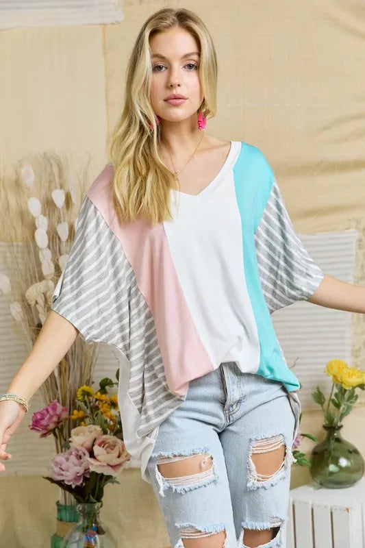 ADORA Colorblock Casual Knit Tunic Top GREY STRIPE