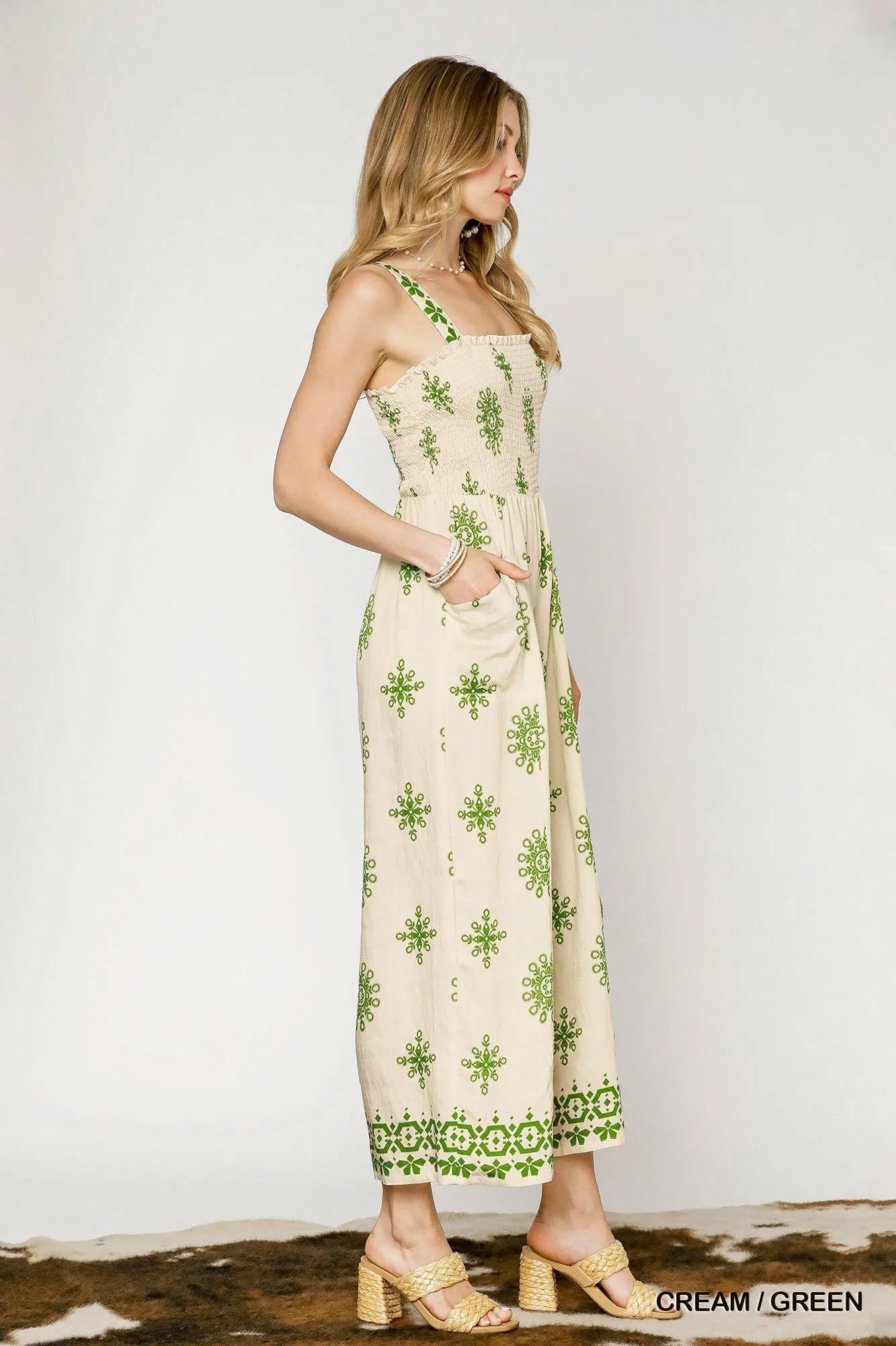 Umgee Smocked Printed Wide Leg Jumpsuit