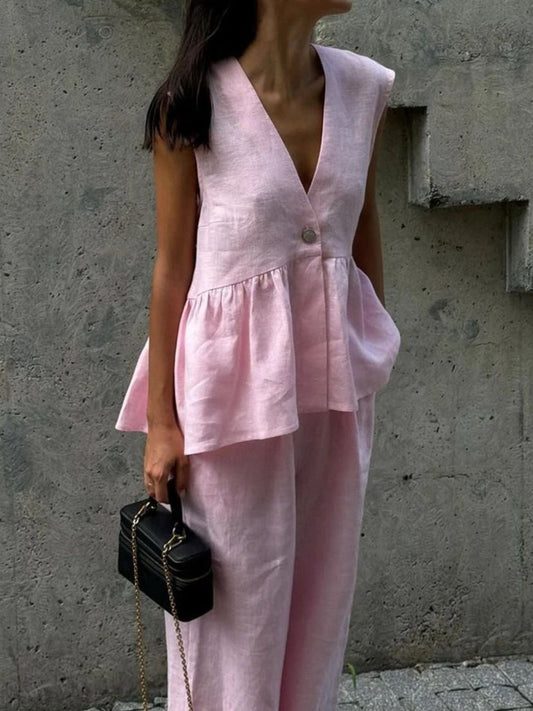 One Button Sleeveless Top and Wide-Leg Pants Set