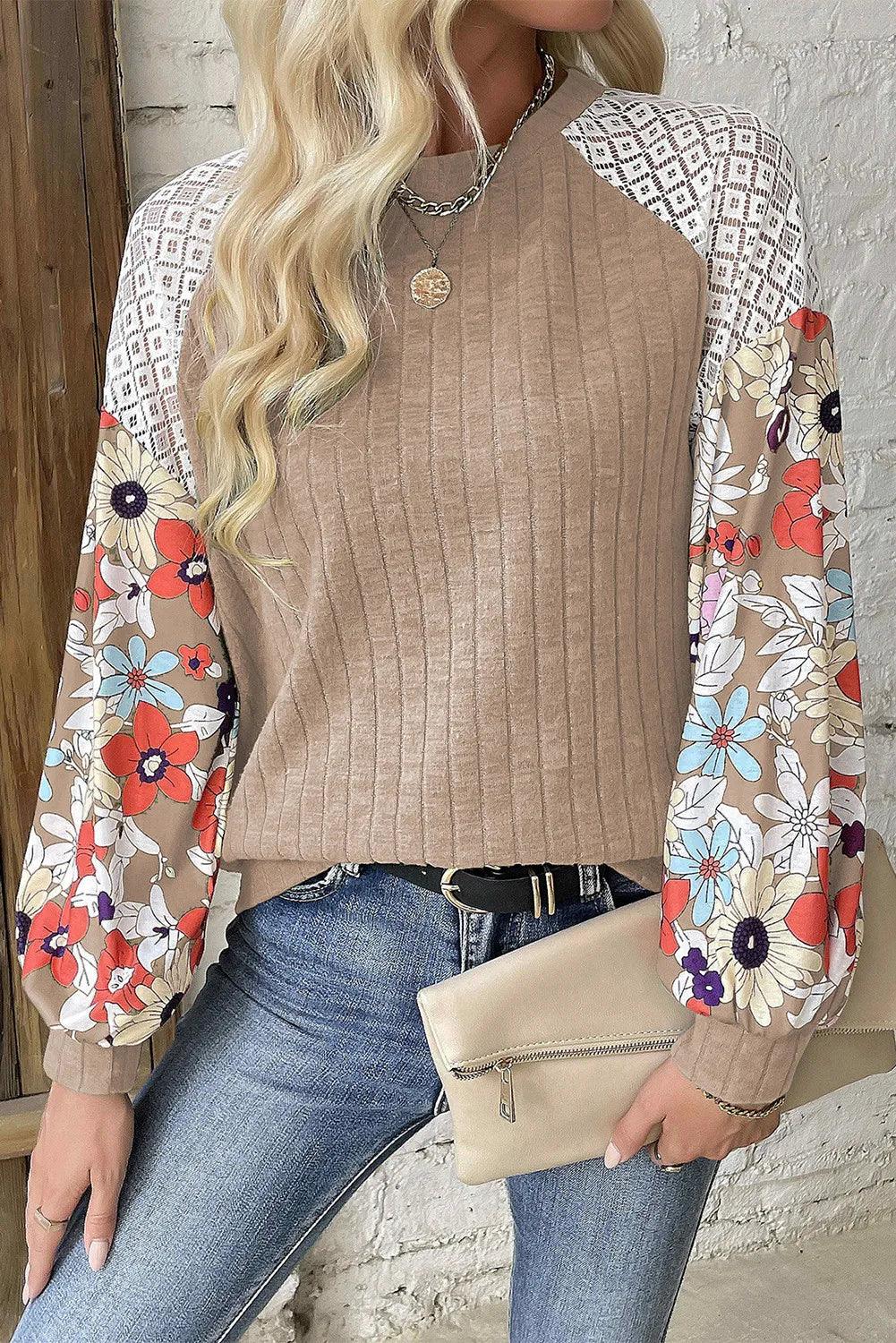 Printed Round Neck Long Sleeve Top Dust Storm