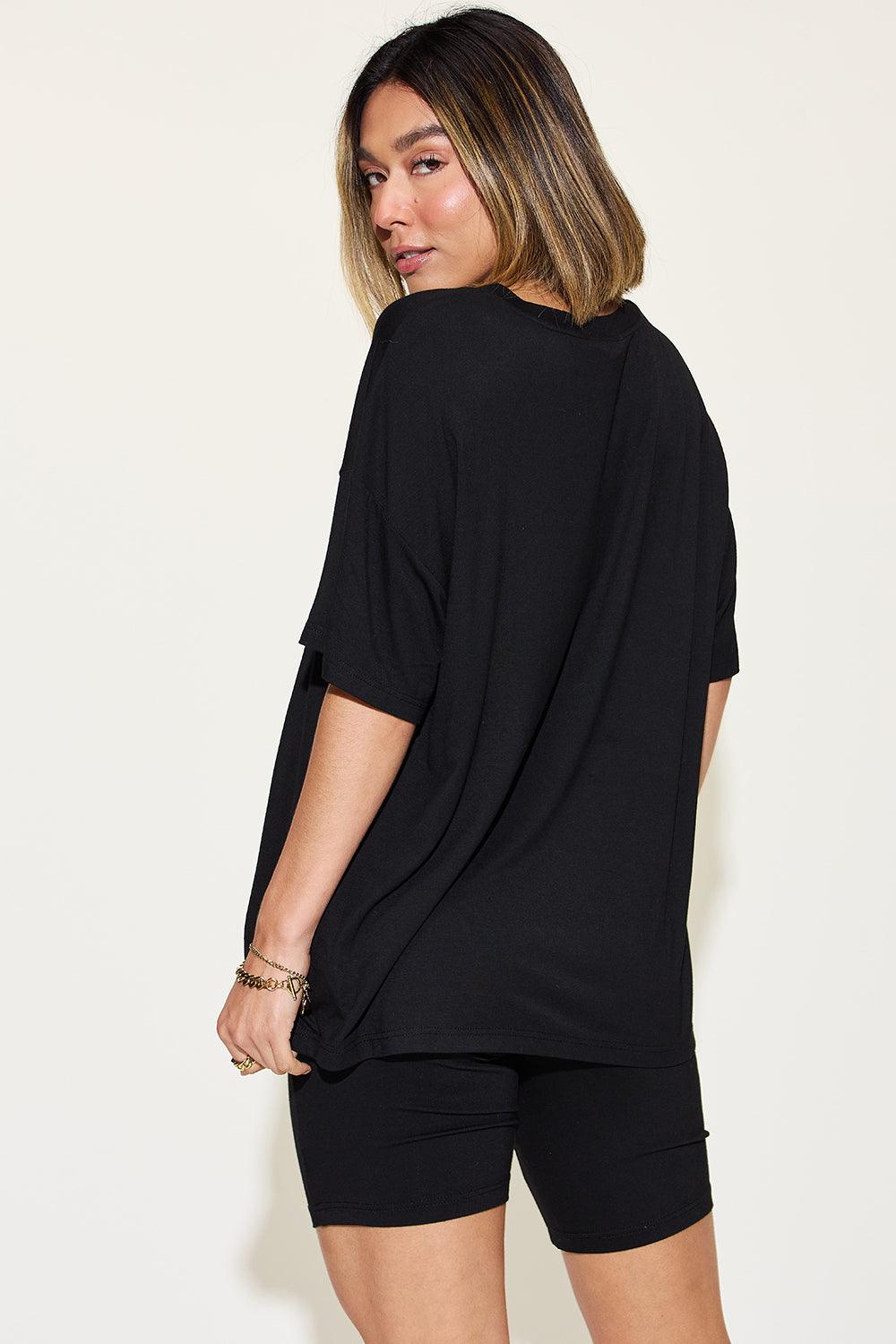 Basic Bae V-Neck T-Shirt and Shorts Set - Full Size Drop Shoulder Outfit