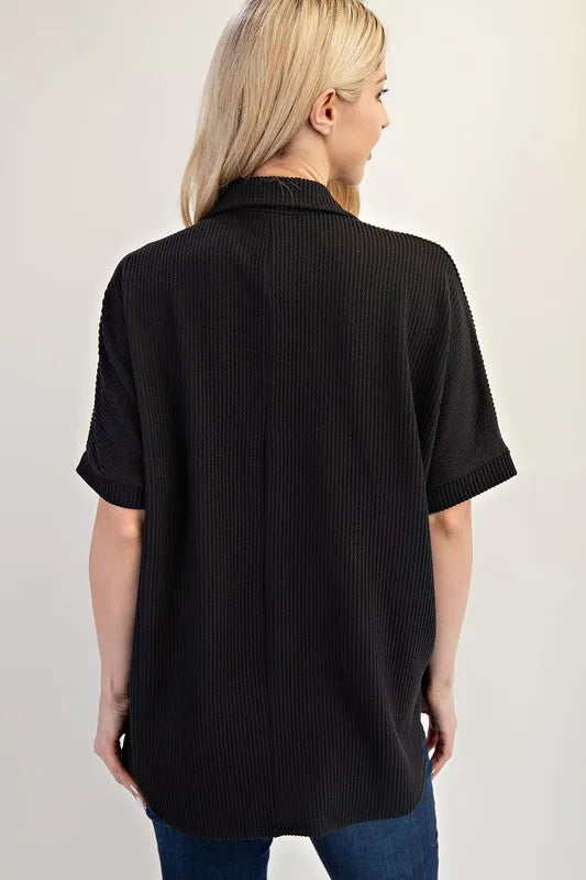 Celeste Full Size Rib Knit Collared Top with Striped Pockets Plus Size