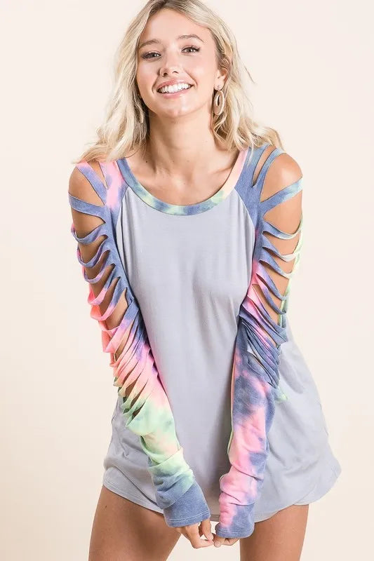 BiBi Jersey Knit Top with Tie Dye Laser Cut Sleeves