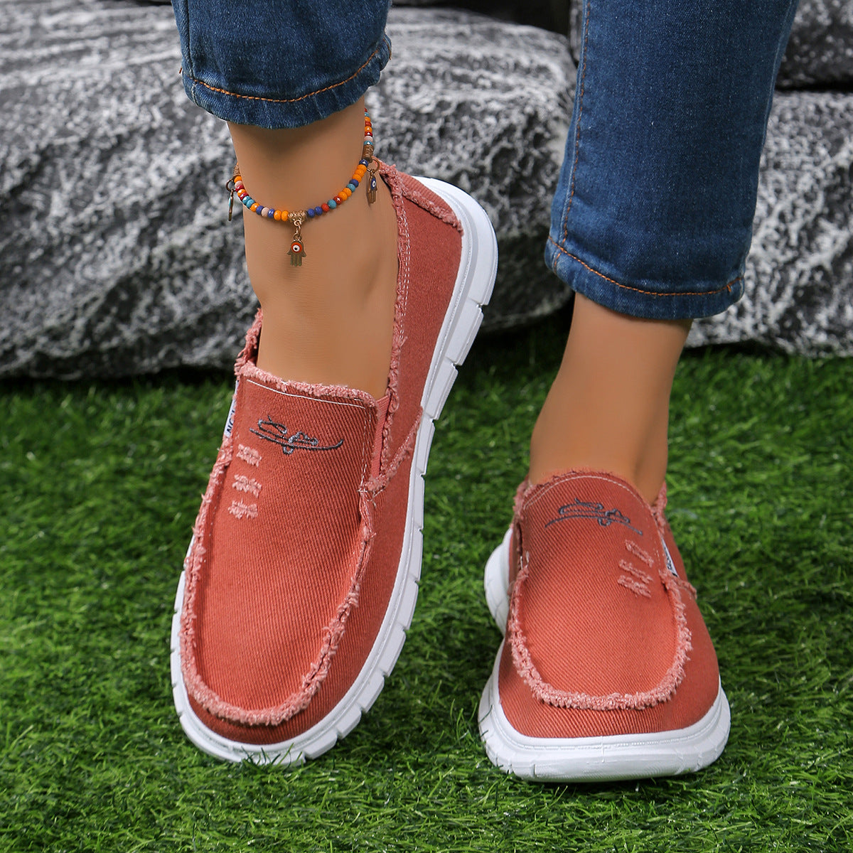 Raw Edge Round Toe Embroidery Flat Slip-Ons Orange