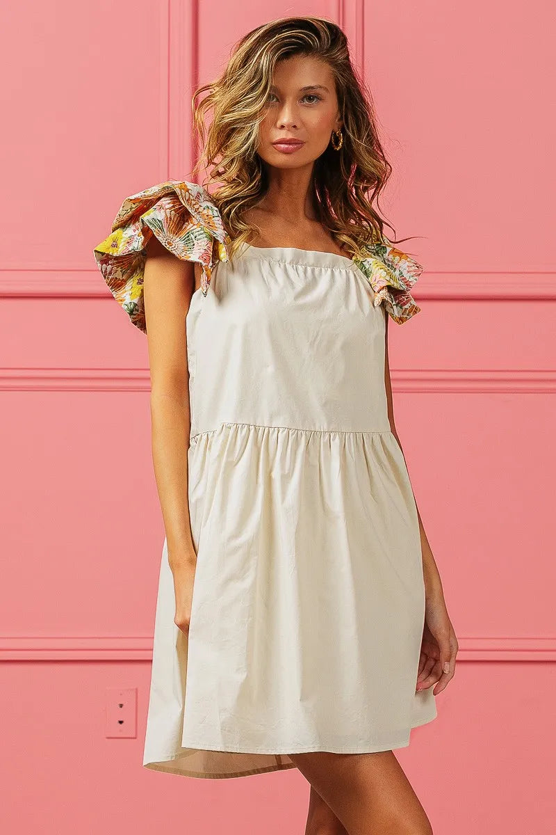 BiBi Flower Embroidered Floral Print Sleeve Dress