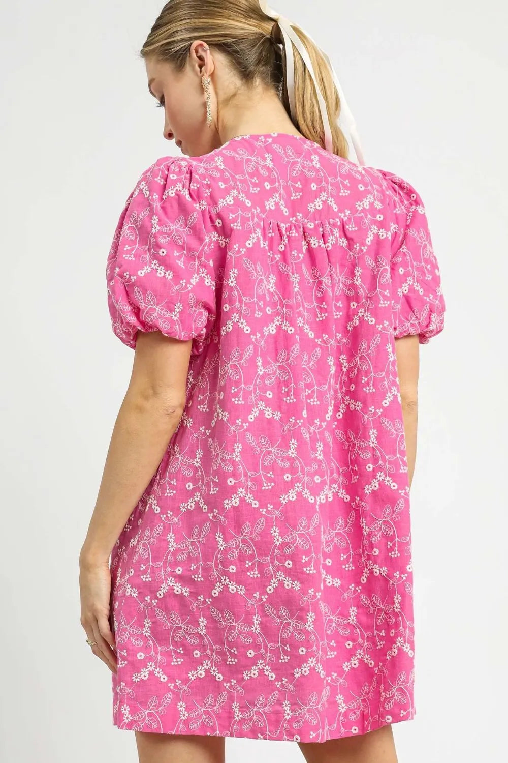 Umgee Floral Puff Sleeve V-Neck Mini Dress
