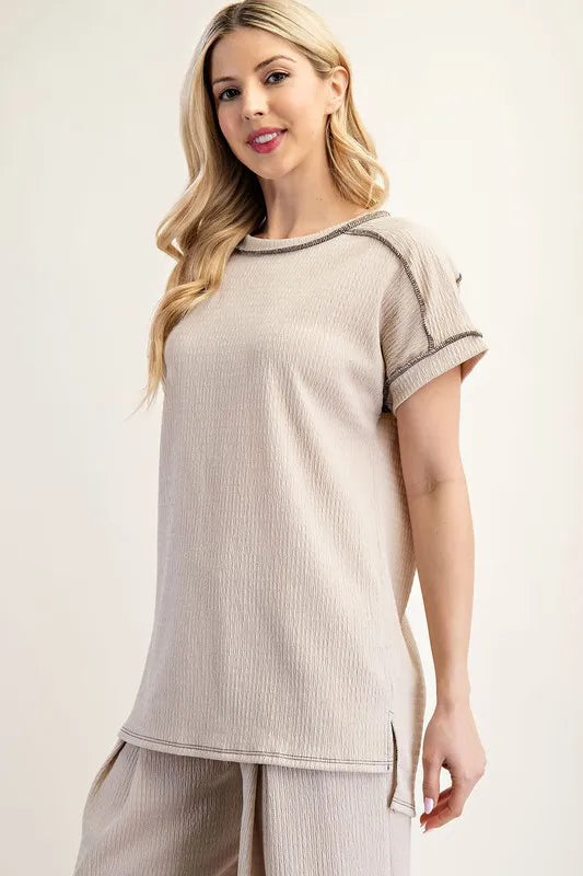 Celeste Full Size Relaxed-Fit Textured Top with Short Sleeves Plus Size