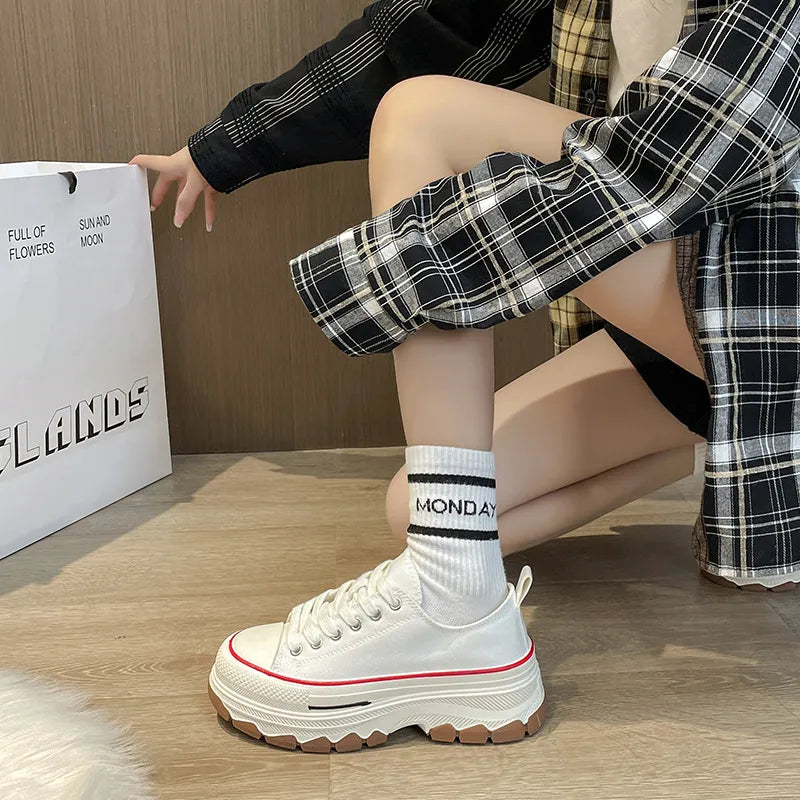 Round Toe Platform Canvas Sneakers White