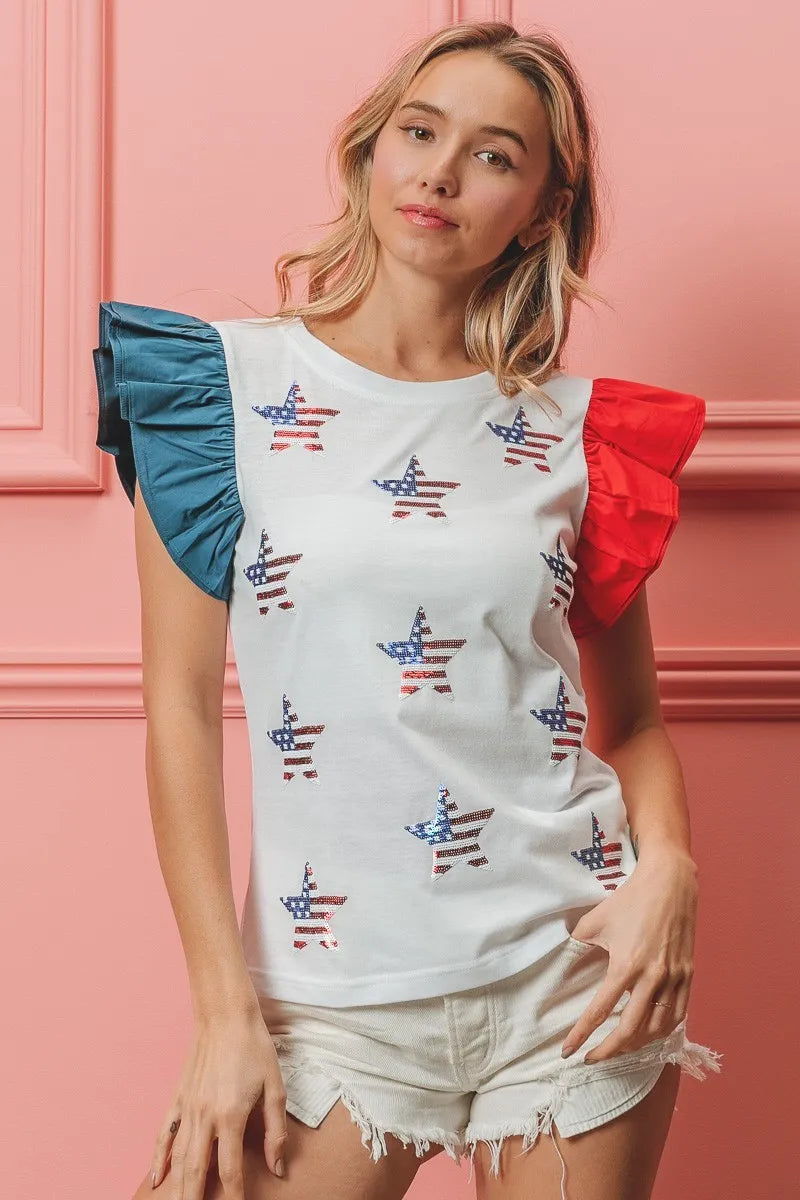 BiBi American Flag Sequin Stars Top OFF WHITE