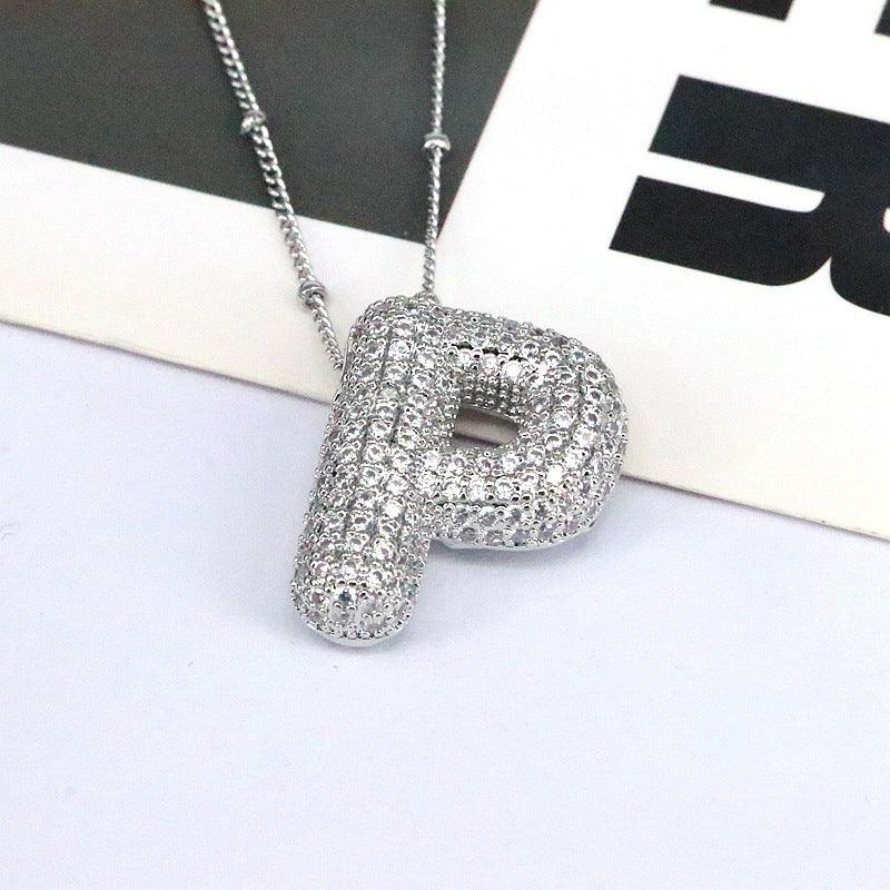Copper Inlaid Zircon Letter Pendant Necklace Style P One Size