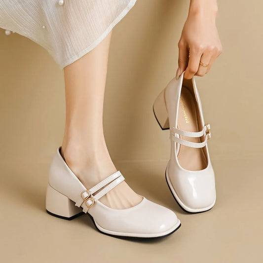 Double Buckle Strap Square Toe Mary Jane Heels