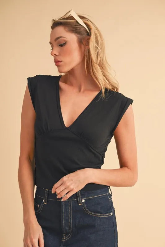 Aemi+Co V-Neck Cap Sleeve Cropped Top