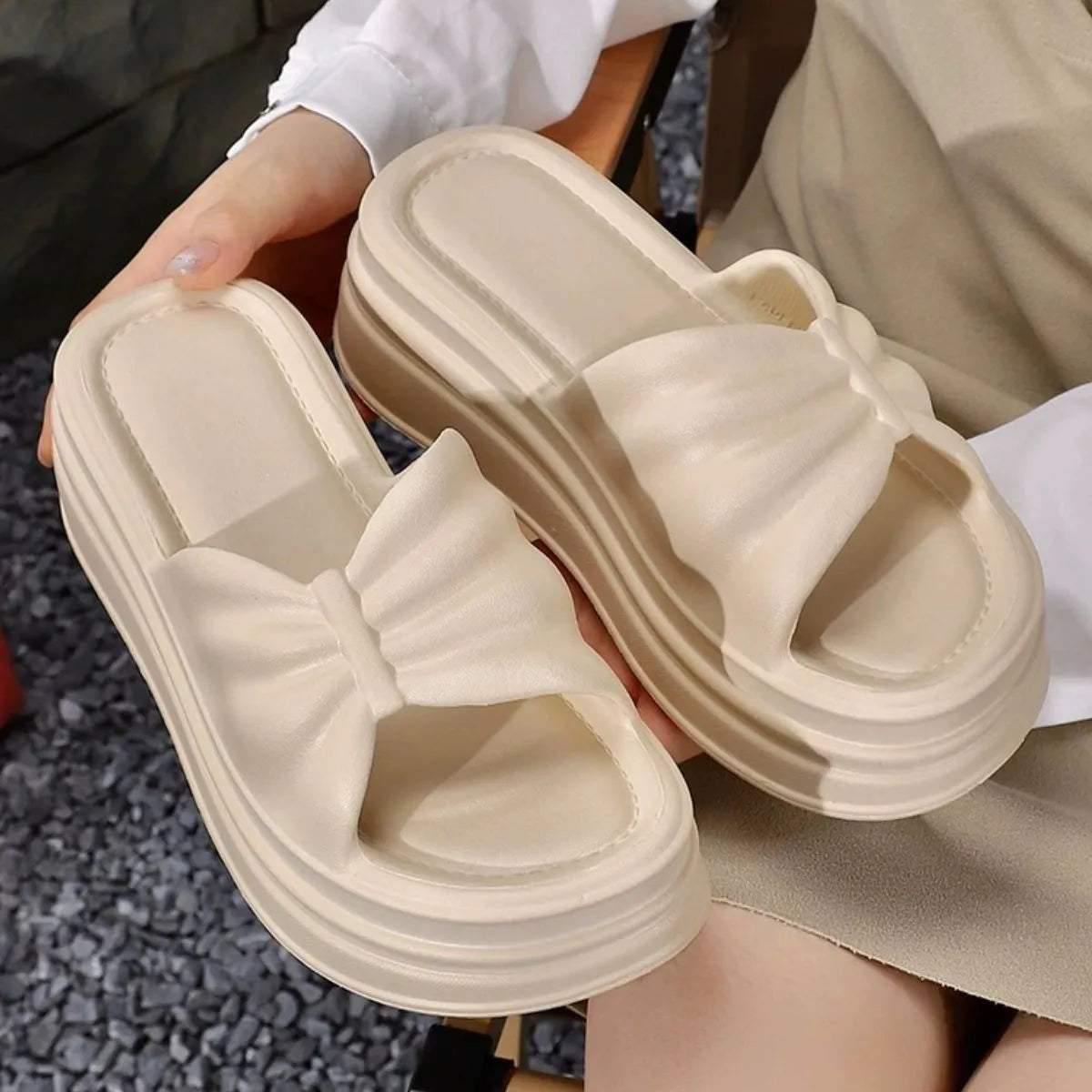 Open Toe Platform Slippers Khaki