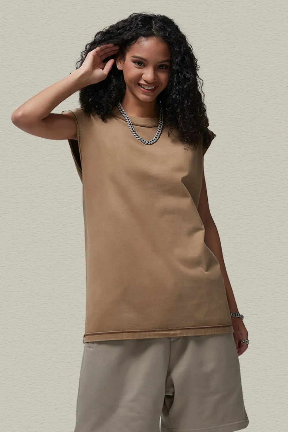 Men's Washed Round Neck Sleeveless Top Khaki