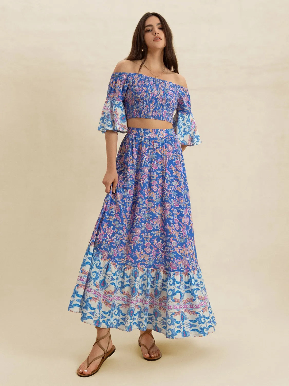 Smocked Off-Shoulder Printed Top and Skirt Set