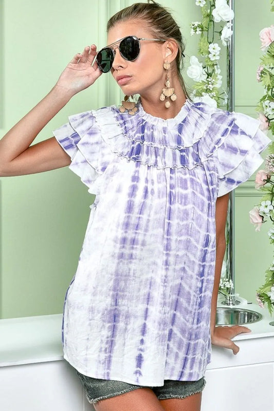 BiBi Tiered Ruffle Neck Tie Dye Top