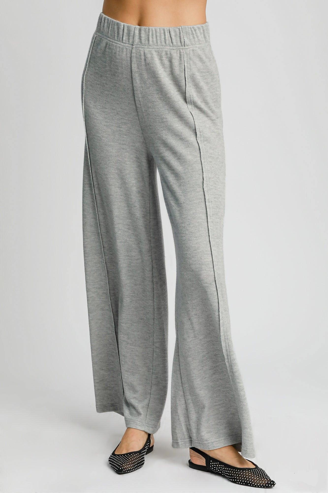 Umgee Elastic Waist Wide Leg Knit Pants Gray