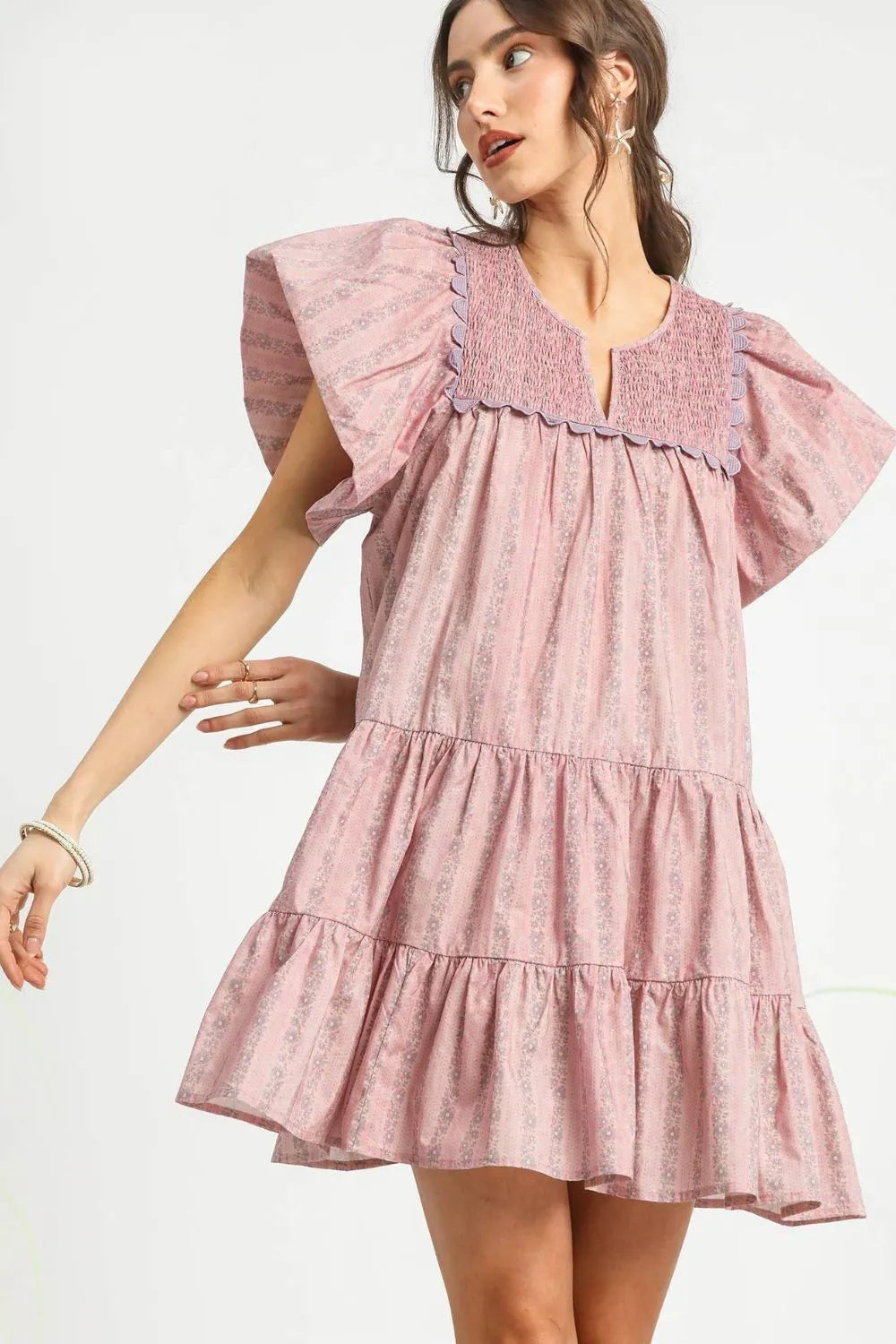 Umgee Floral Ruffled Cap Sleeve Tiered Mini Dress Dusty Pink