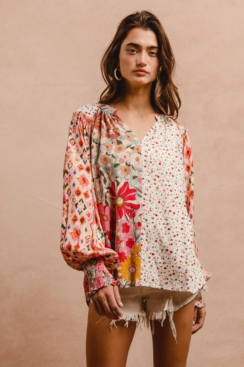 BiBi Floral Print Mix And Match Long Sleeve Peasant Top