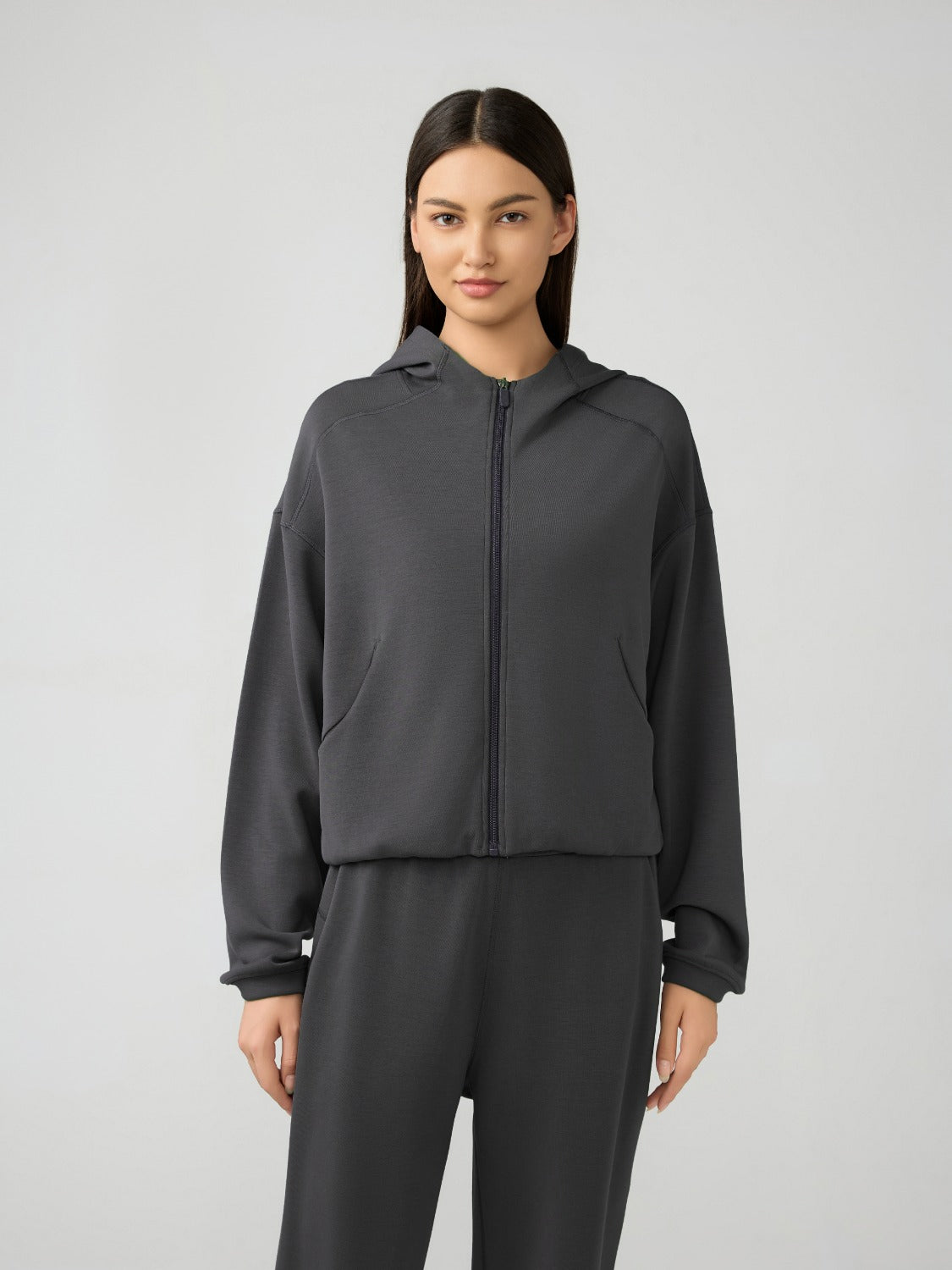Millennia Zip Up Dropped Shouder Active Hooded Dark Gray 10