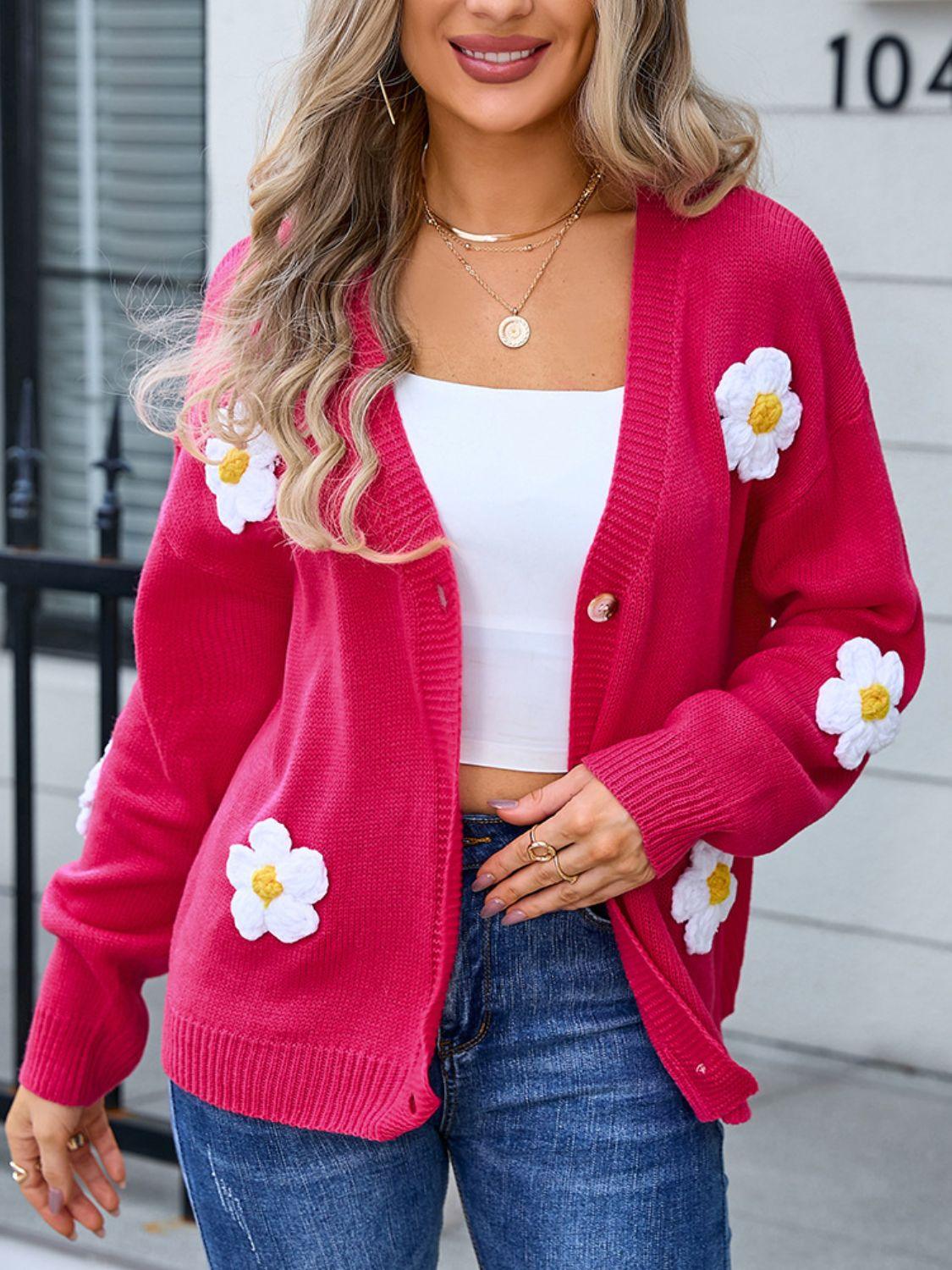 Crochet Flower Button Up Cardigan Deep Rose