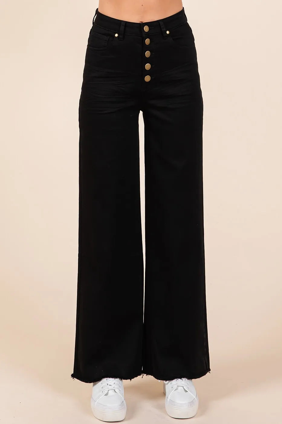Mittoshop Twill High Waisted Button Fly Wide Leg Pants BLACK